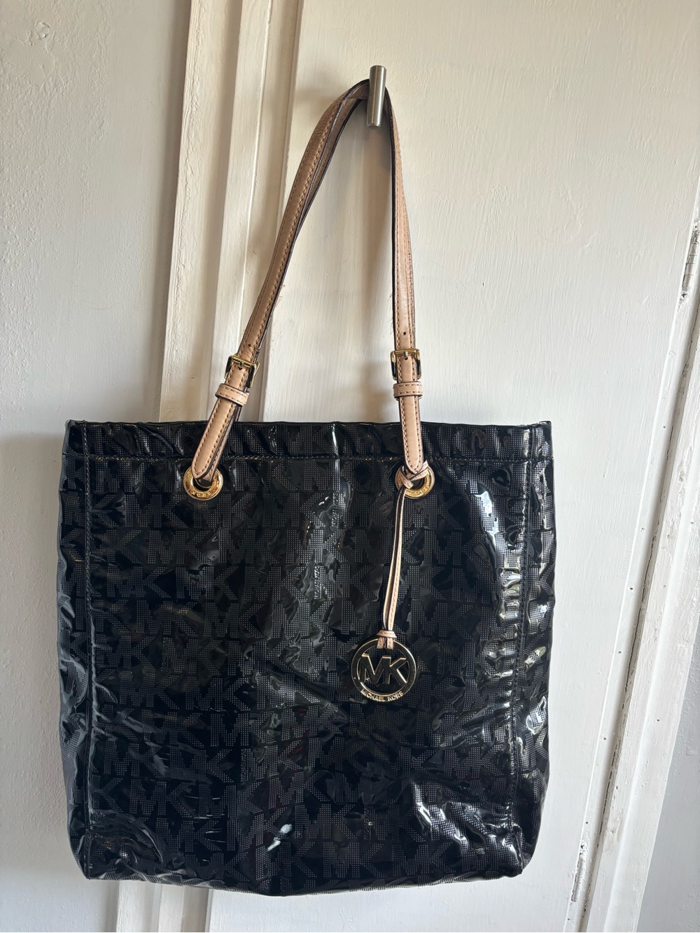 Michael Kors Black Patent Logo Tote with Tan Straps